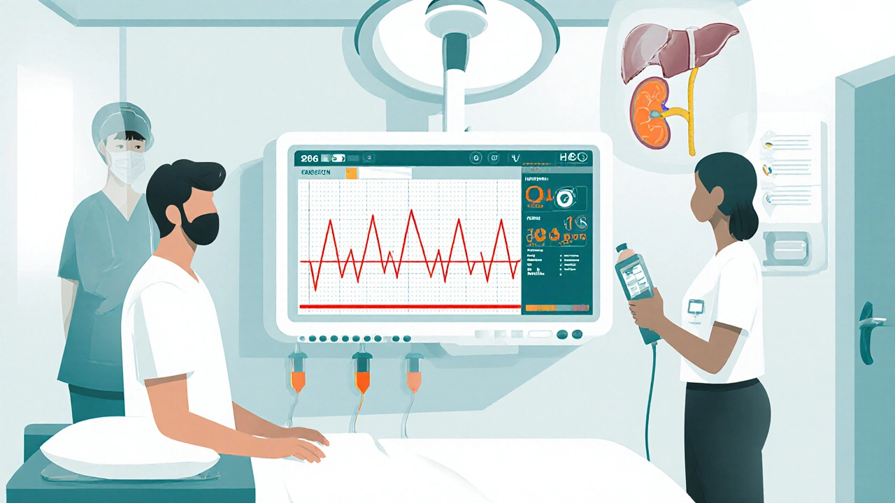 Medical team treating overdose patient with ECG monitor and IV fluids in emergency room.