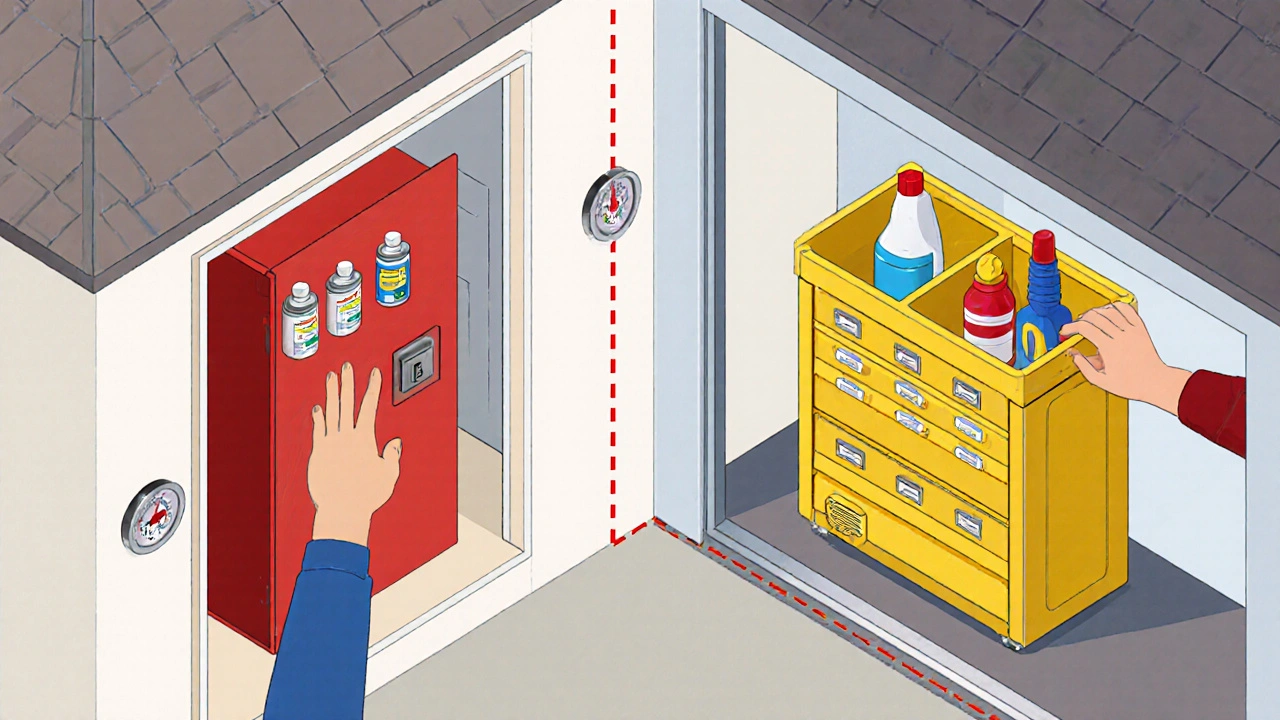 Medicines in a high locked cabinet and chemicals in a low ventilated toolbox, six feet apart in a home layout.