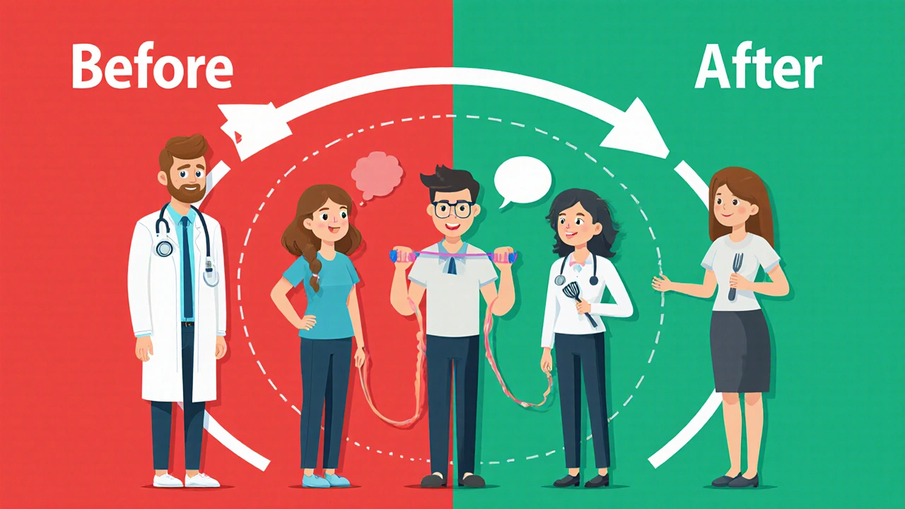 Multidisciplinary team collaborating around a patient in an integrated care diagram with before-and-after visual contrast.