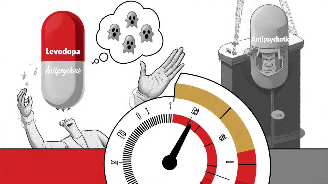 Patient caught between levodopa lifting their hand and antipsychotic forcing stiffness, with hallucinations above.