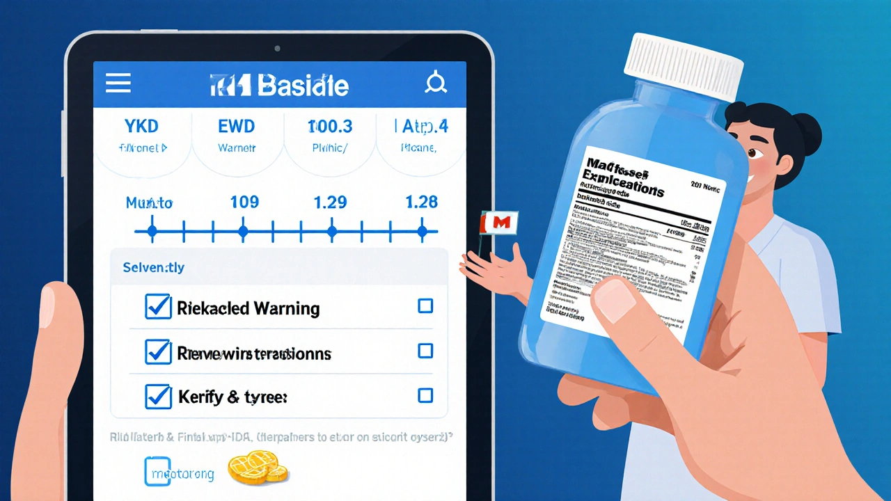 Patient holding pill bottle with NDC code beside interactive FDA label and update timeline