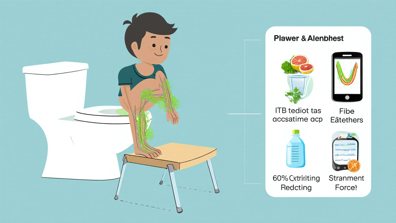 Person using a footstool to improve bowel posture, with muscle relaxation highlighted.