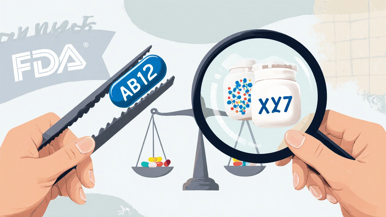 Pharmacist comparing two differently shaped pills under magnifying glass, revealing identical internal structure.