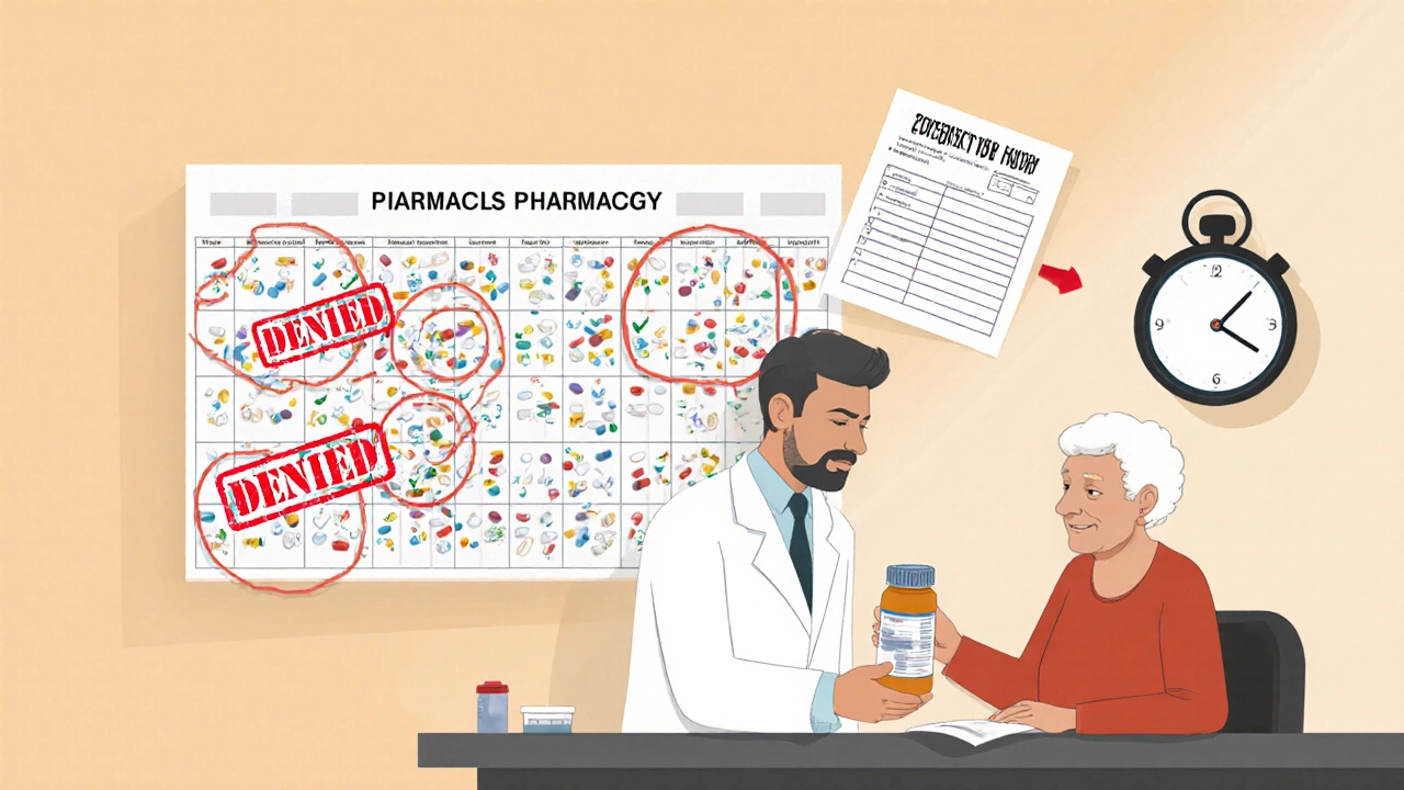 Pharmacist giving a pill bottle to a resident while a formulary chart blocks three medications with denial stamps.