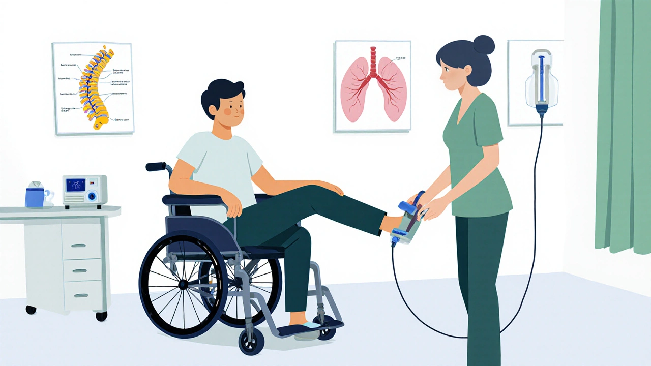Rehabilitation session with therapist performing passive limb movement and chest percussion for spinal injury patient.