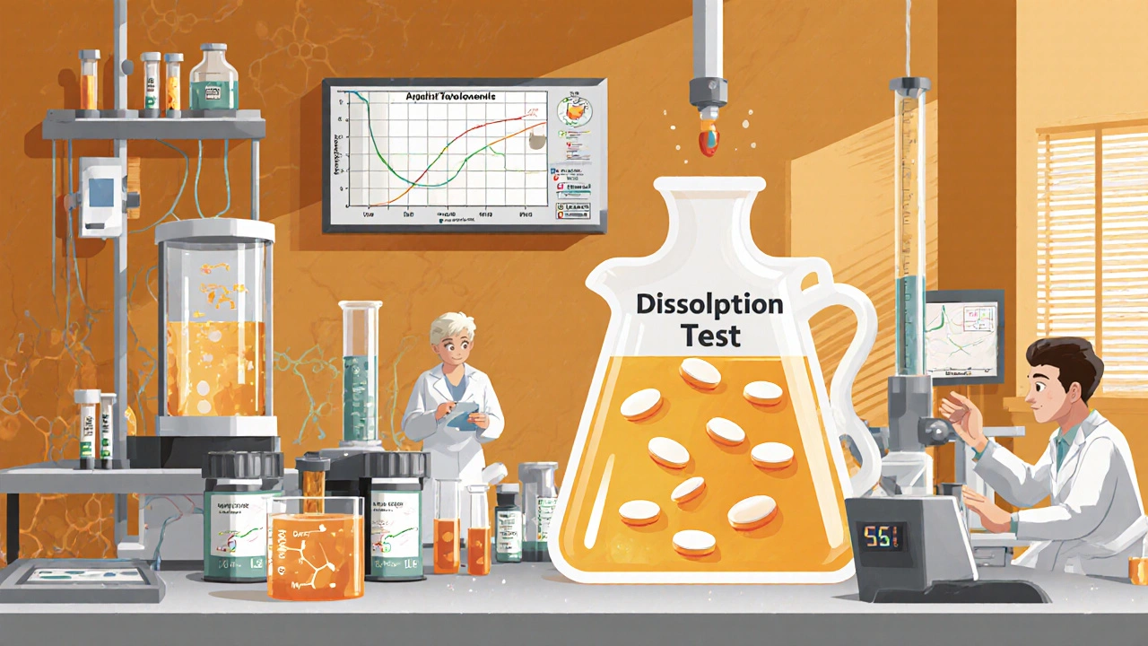 Scientists analyzing drug concentrations in plasma using LC-MS/MS equipment with dissolution test beaker and data readouts.
