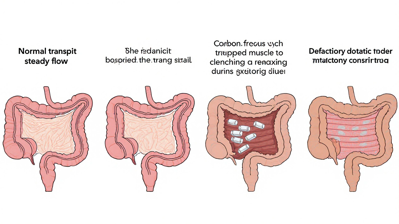 Side-by-side diagrams showing four types of constipation with anatomical details.