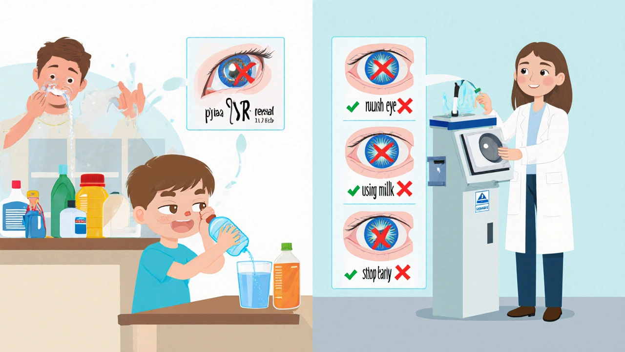 Side-by-side illustration of home and workplace eye irrigation with correct and incorrect actions.
