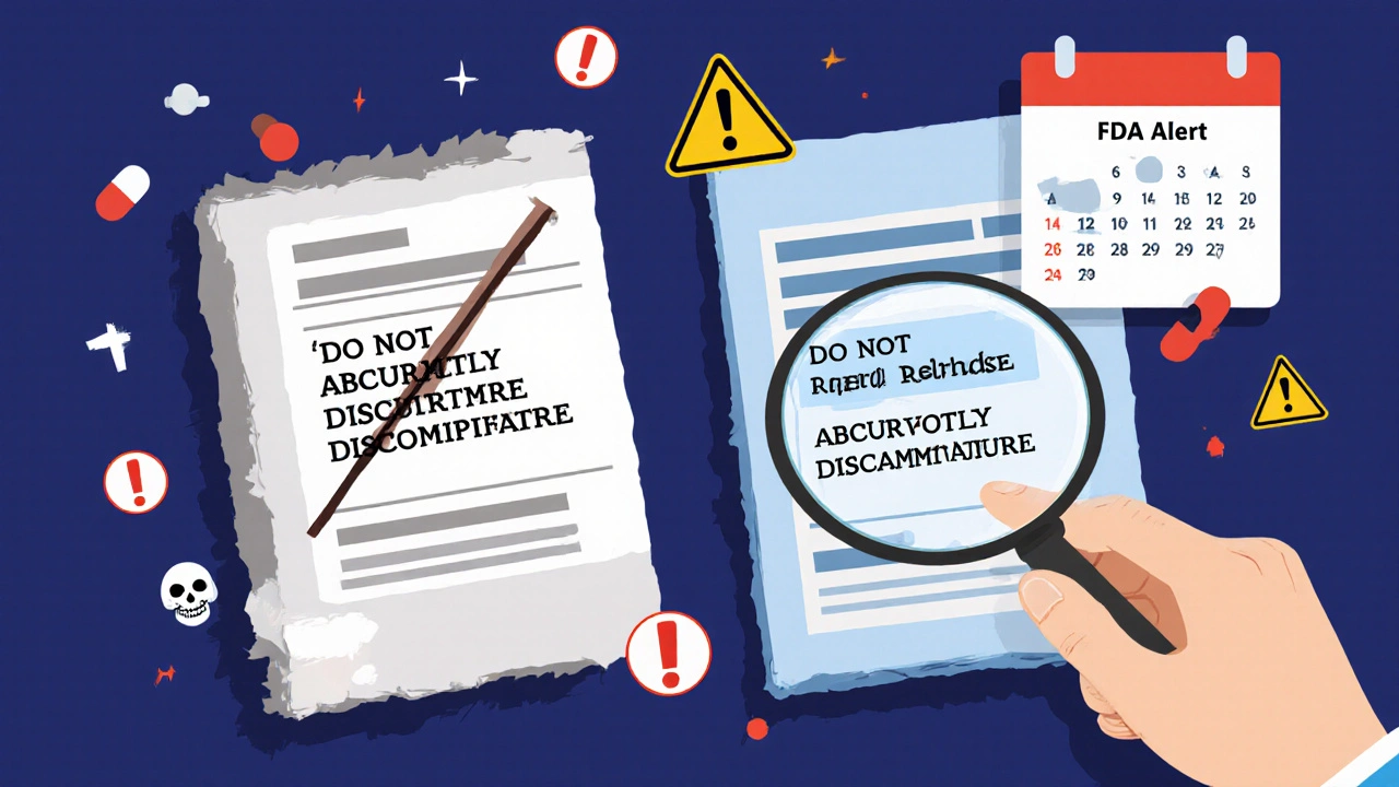 Side-by-side prescription labels showing updated warning text with magnifying glass highlighting change.