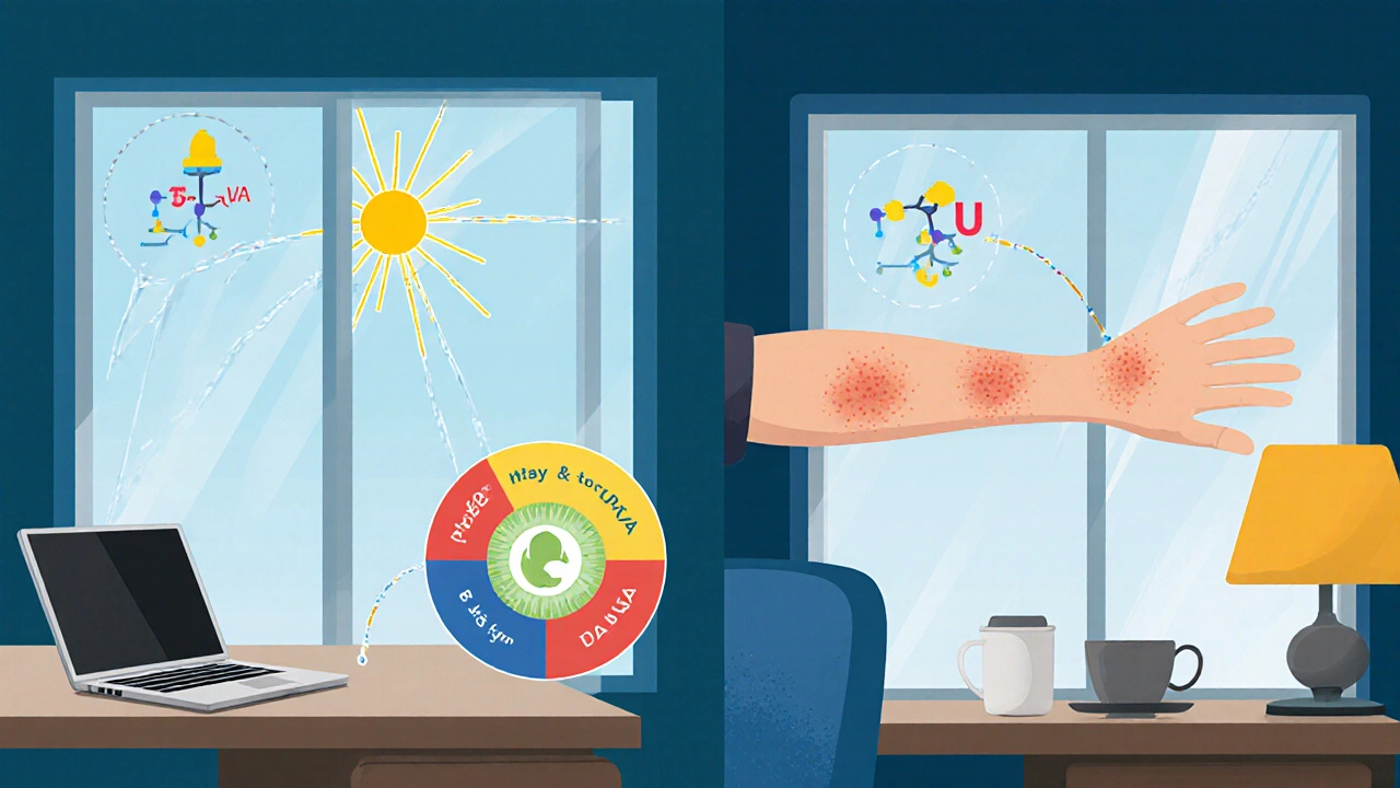 Side-by-side window scenes showing UVA rays penetrating standard glass versus being blocked by UV film.
