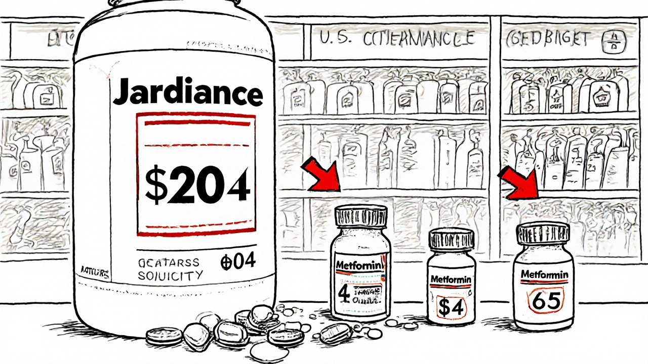 Towering brand-name drug bottle dwarfing cheap generics, with pharmacy shelves showing price disparities across countries.