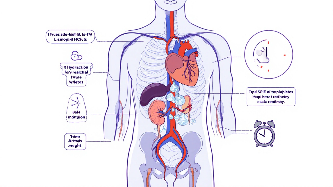 Transparent human body highlighting how lisinopril-HCTZ affects the heart, kidneys, and arteries, with icons for daily dosing and hydration.