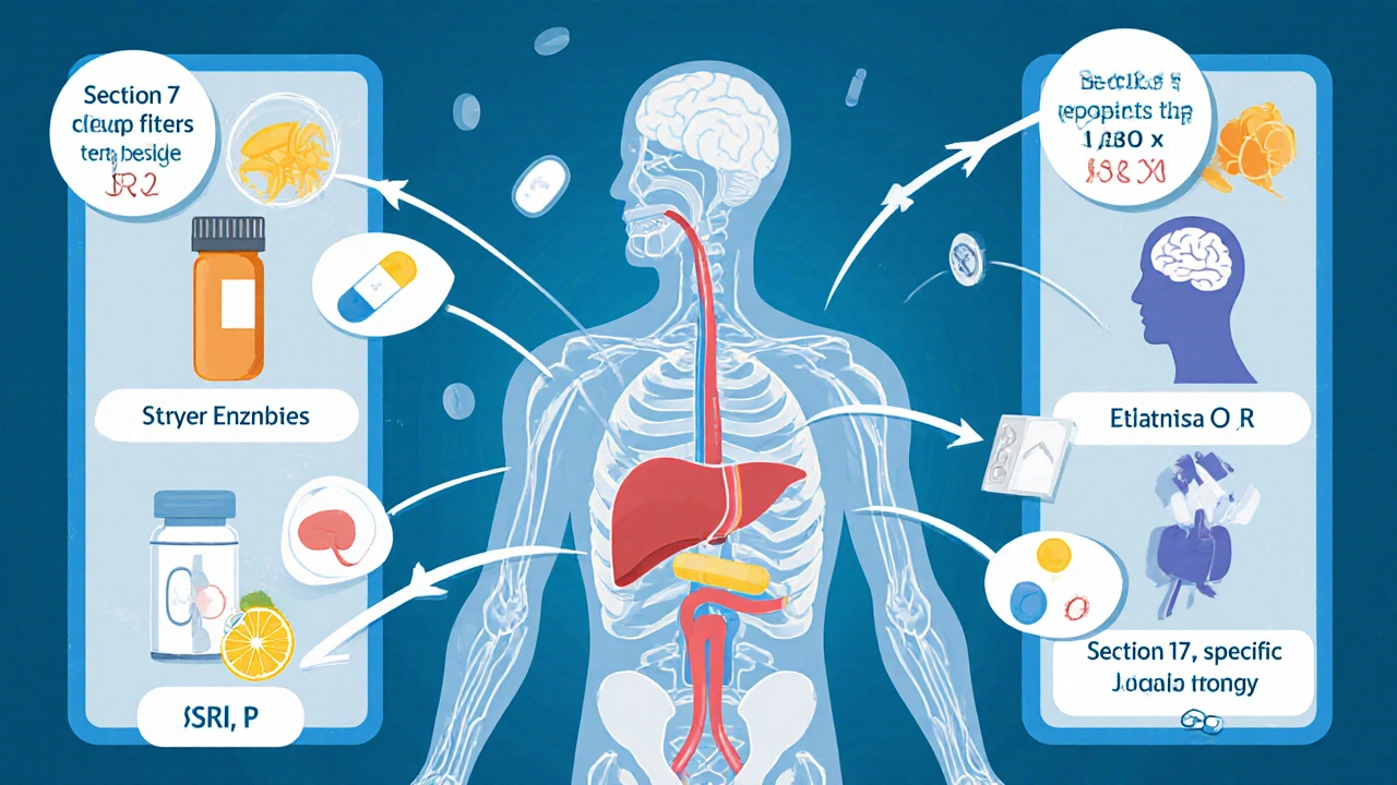 Transparent human body with drug interaction pathways and labeled label sections