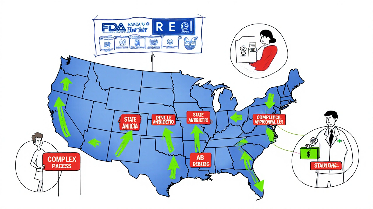 U.S. map showing regional access barriers to generic antibiotic combinations due to legal and regulatory gaps.