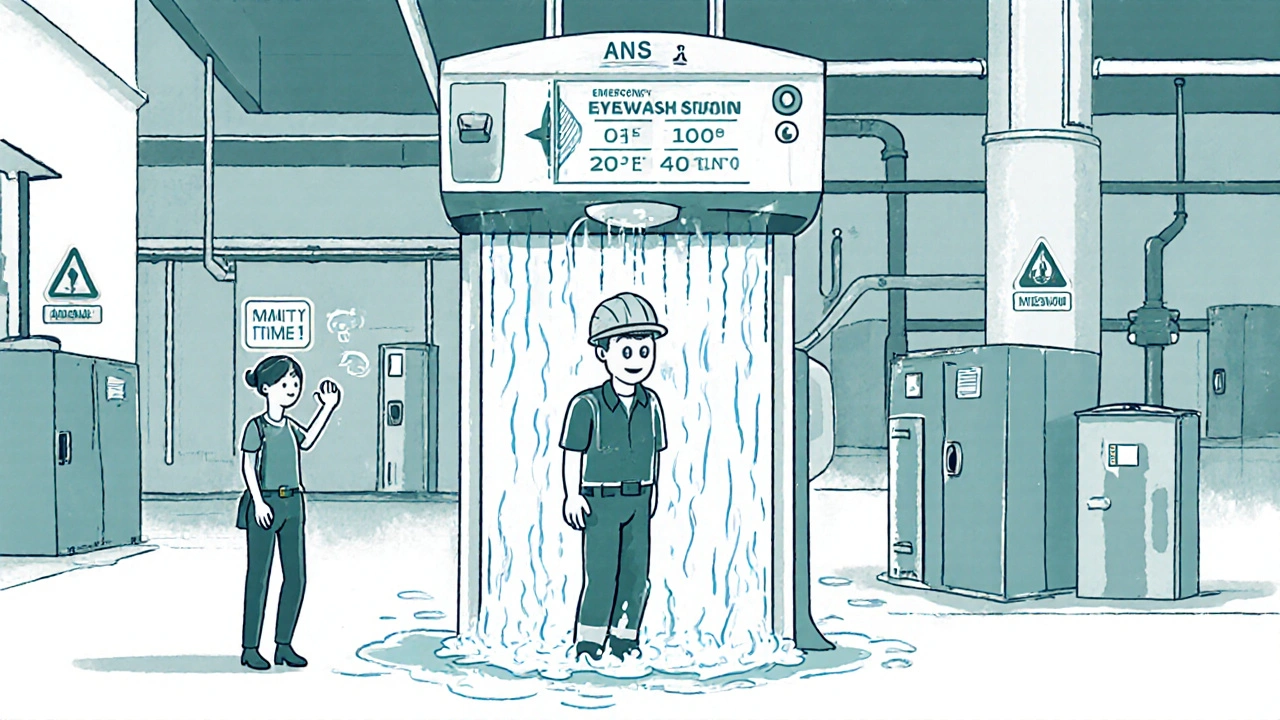 Worker using workplace eyewash station with water flowing at proper rate and timer visible.