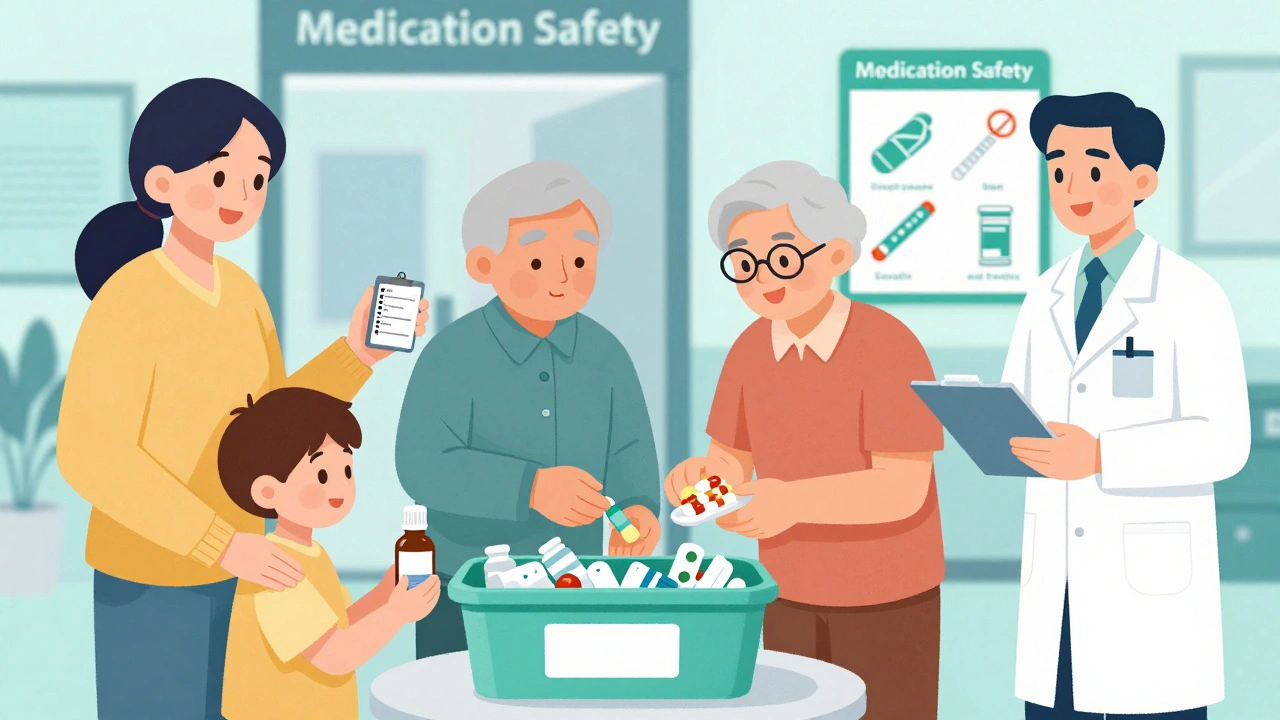 A family disposing of expired medications at a pharmacy drop-off bin while a pharmacist provides guidance.