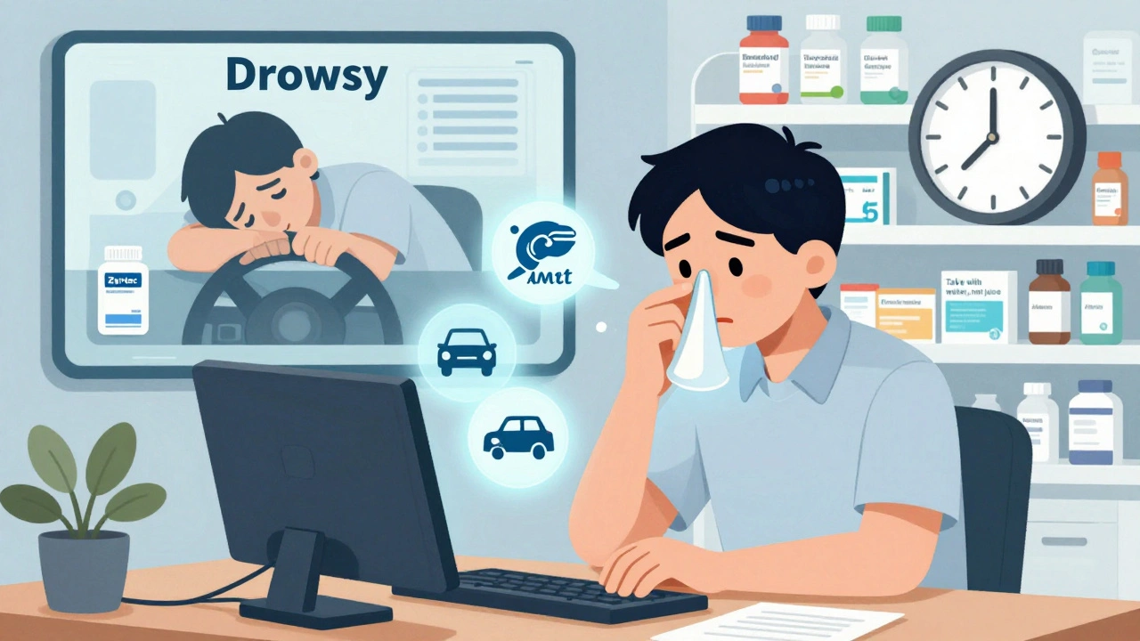 Alert person working while non-drowsy antihistamines glow nearby, contrasted with drowsy side effect.