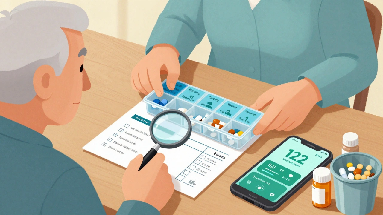 An elderly person using a labeled pill organizer with a magnifying glass and smartphone reminder alert.