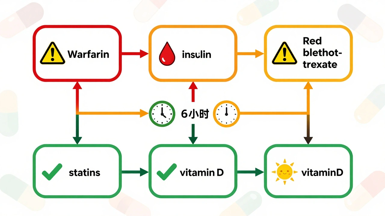 Color-coded medical categories: red, amber, and green pills with icons showing risk levels and timing rules for missed doses.
