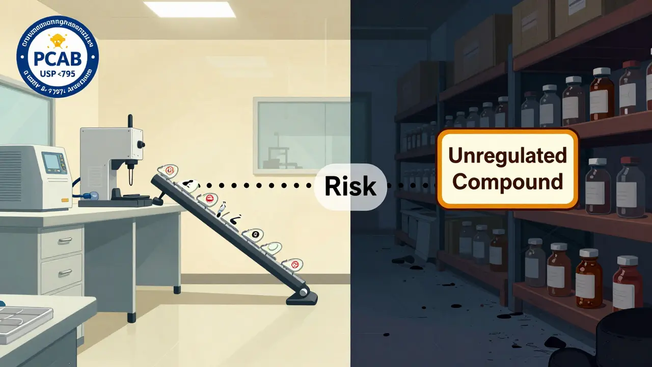 Comparison of accredited compounding pharmacy vs. unsafe unregulated compound production.