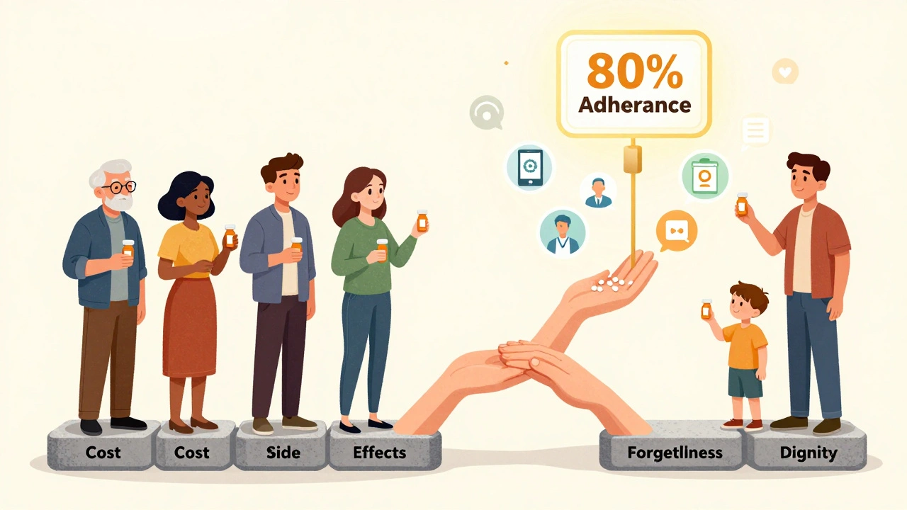 Diverse individuals crossing a bridge of support to reach 80% medication adherence.