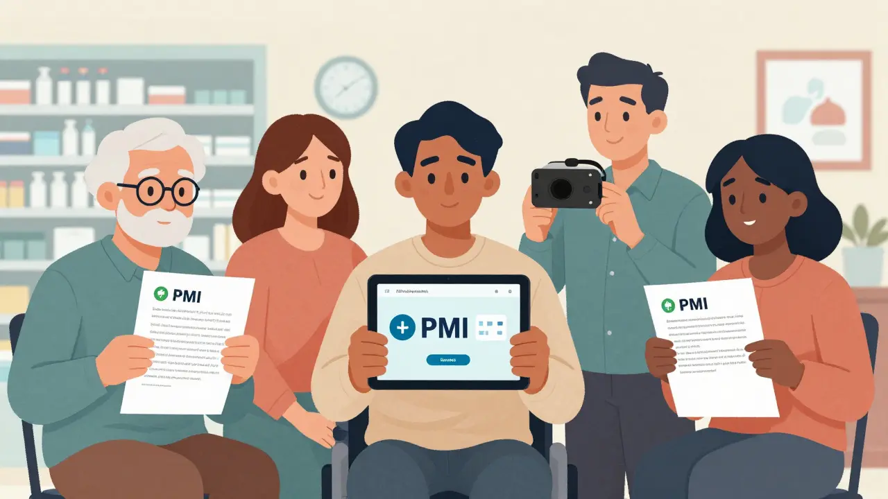 Diverse patients accessing standardized medication info on paper, tablet, and print for equal understanding.