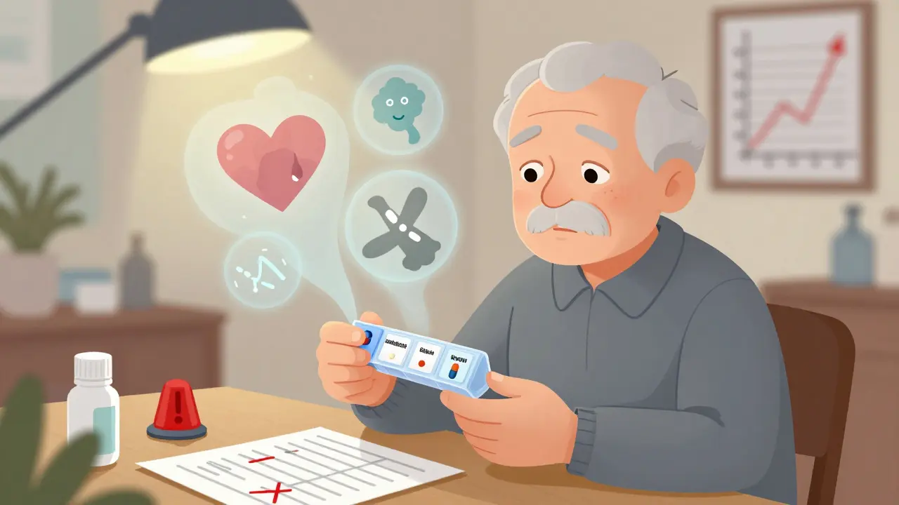 Elderly patient taking three heart medications with invisible warning signs looming behind them.