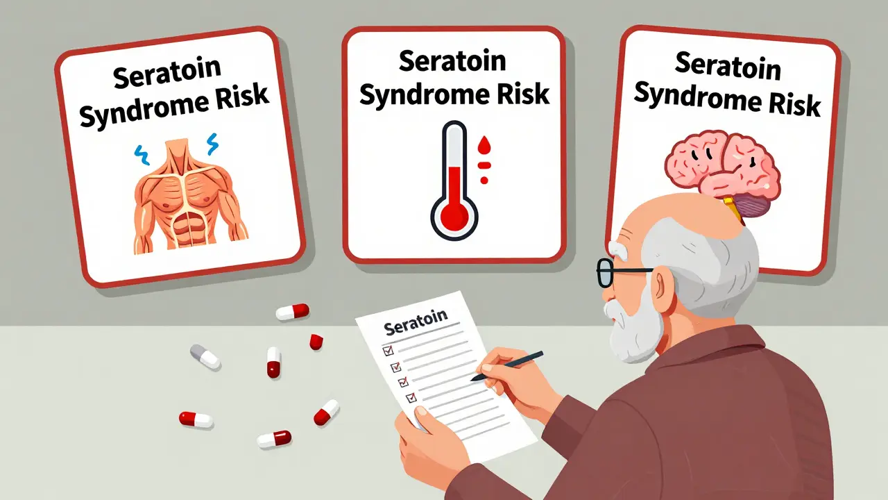 Elderly person surrounded by multiple medications with warning signs of serotonin syndrome symptoms.