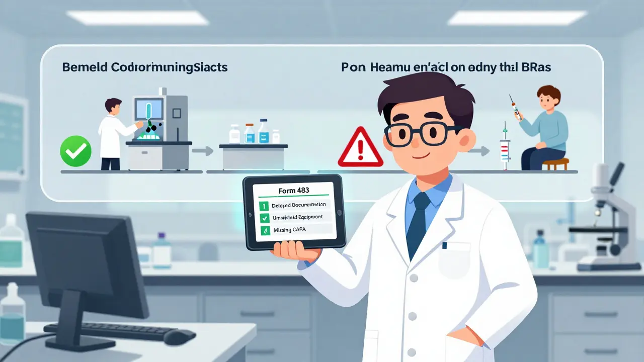 FDA inspector reviewing a Form 483 in a lab, with transparent timelines showing proactive fixes versus failed batches.