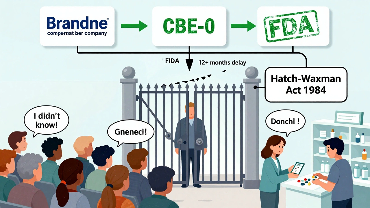 Flowchart showing brand-name drug label update path blocked for generic manufacturer by Hatch-Waxman Act gate.