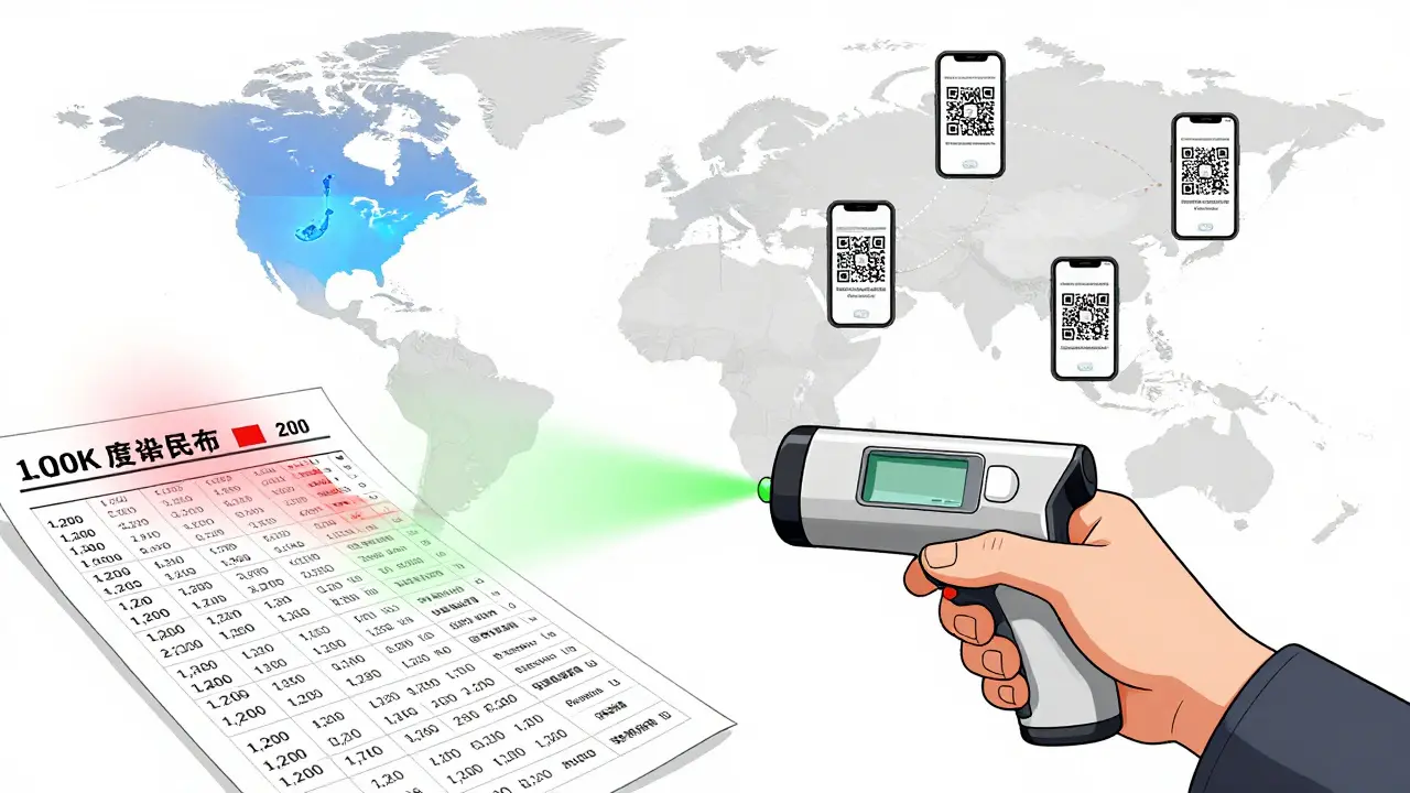 Handheld spectrometer analyzing a pill, displaying spectral lines compared to a reference library of medicines.