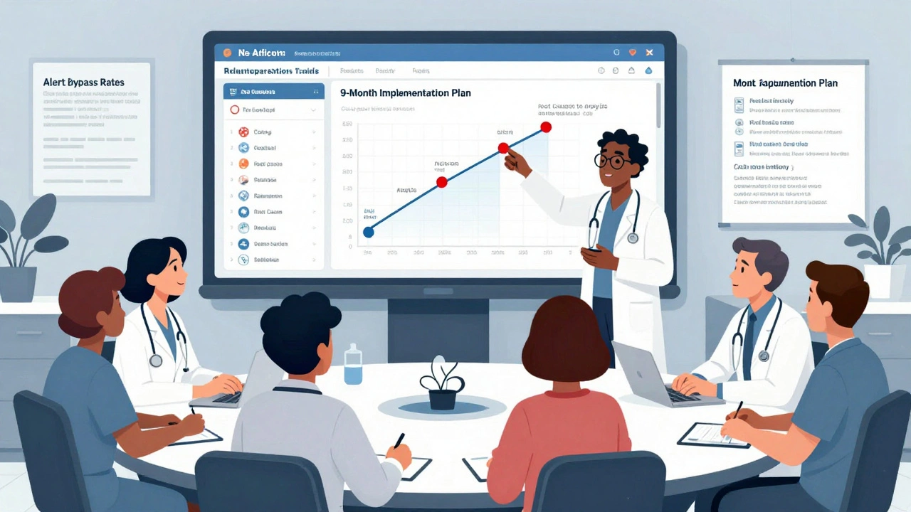 Healthcare team reviewing a dashboard of alert bypass rates and a 9-month safety implementation timeline during a medication safety committee meeting.
