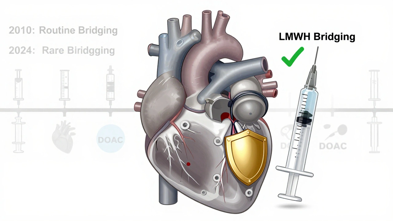 Heart with mechanical mitral valve protected by a shield, with a single syringe labeled LMWH — only this case needs bridging.