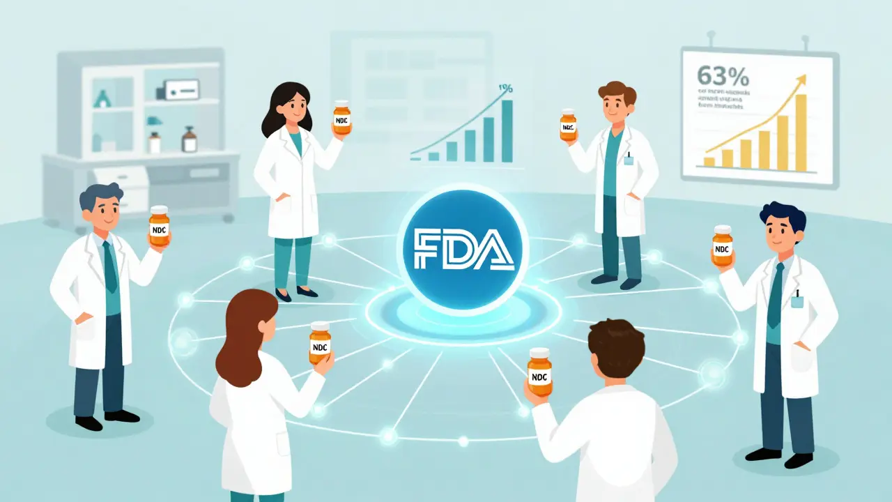 Network of pharmacists connected by data lines feeding safety reports to an FDA icon with rising graphs.