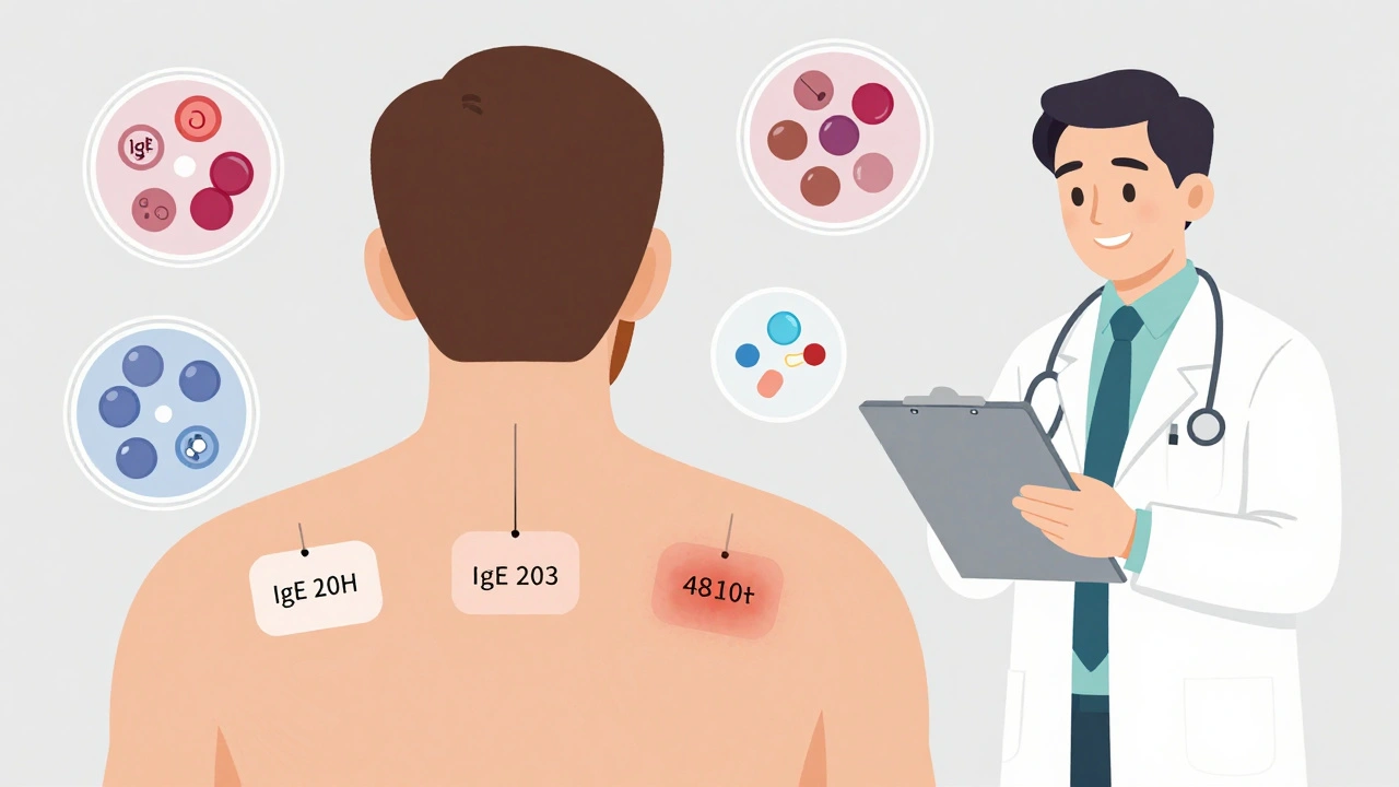 Patch test on patient&#039;s back with delayed reaction and IgE antibody visualization.