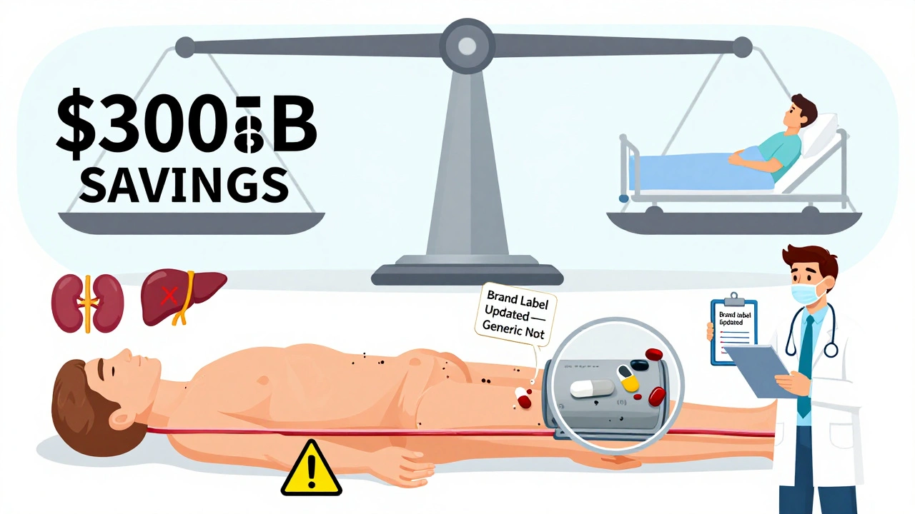 Patient’s body with missing kidney warning on generic pill label, hidden risk icons, and savings vs. hospital bed scale.