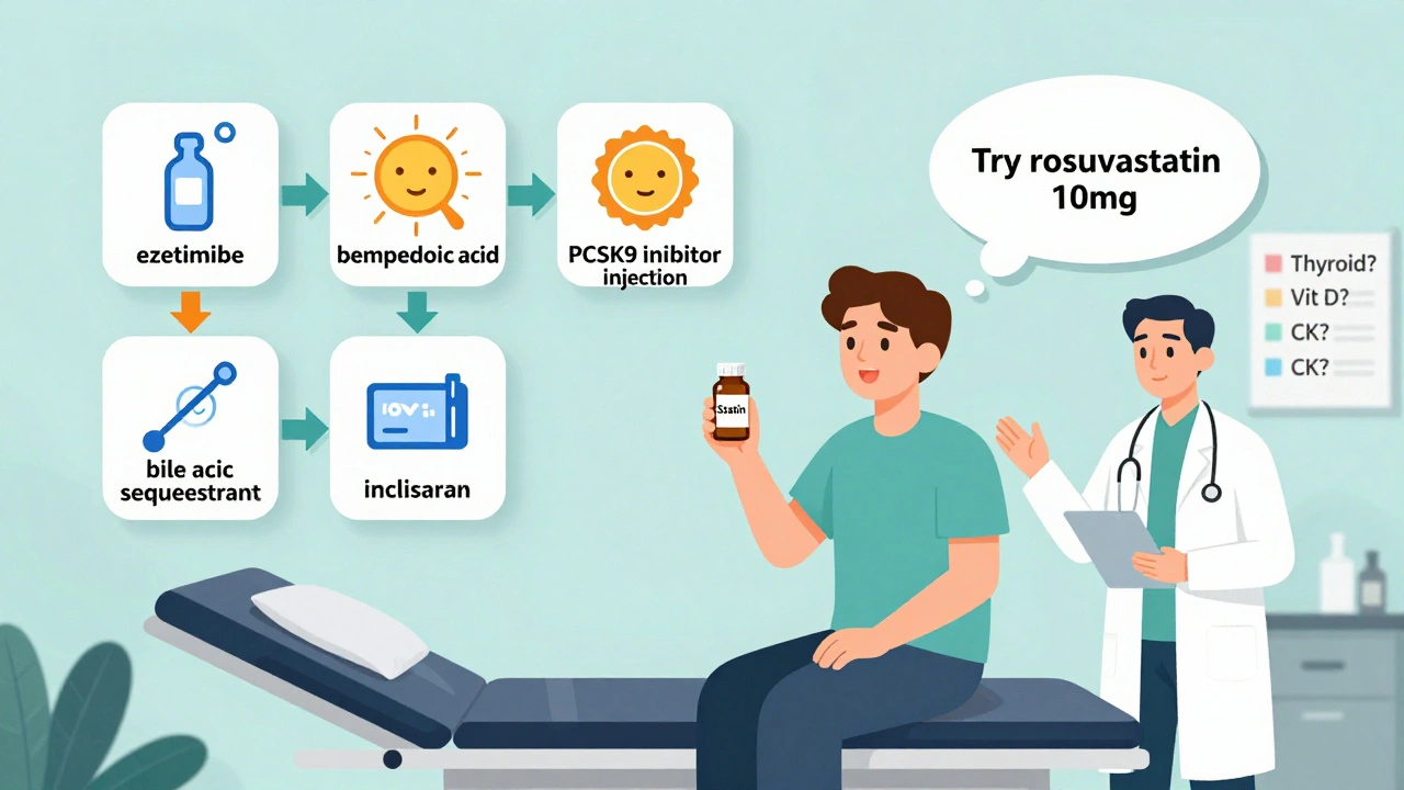 Patient with floating alternative cholesterol treatments labeled with LDL reduction percentages and doctor&#039;s advice.