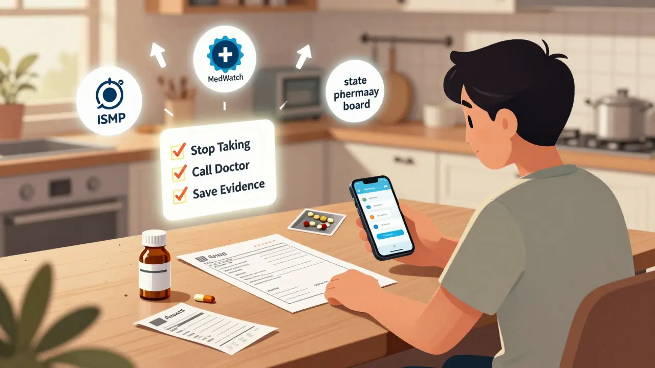 Person surrounded by evidence of pharmacy error with reporting icons and checklist.