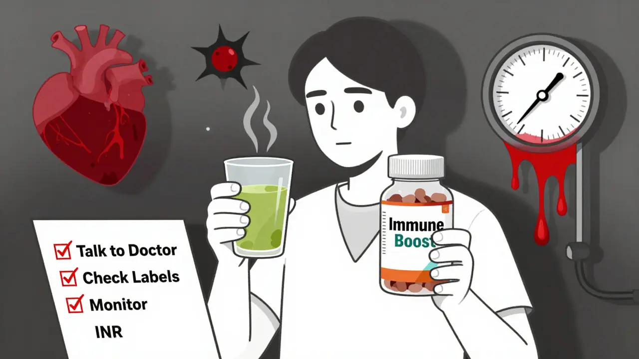 Person taking supplements with warning symbols representing bleeding, serotonin syndrome, and low blood pressure.