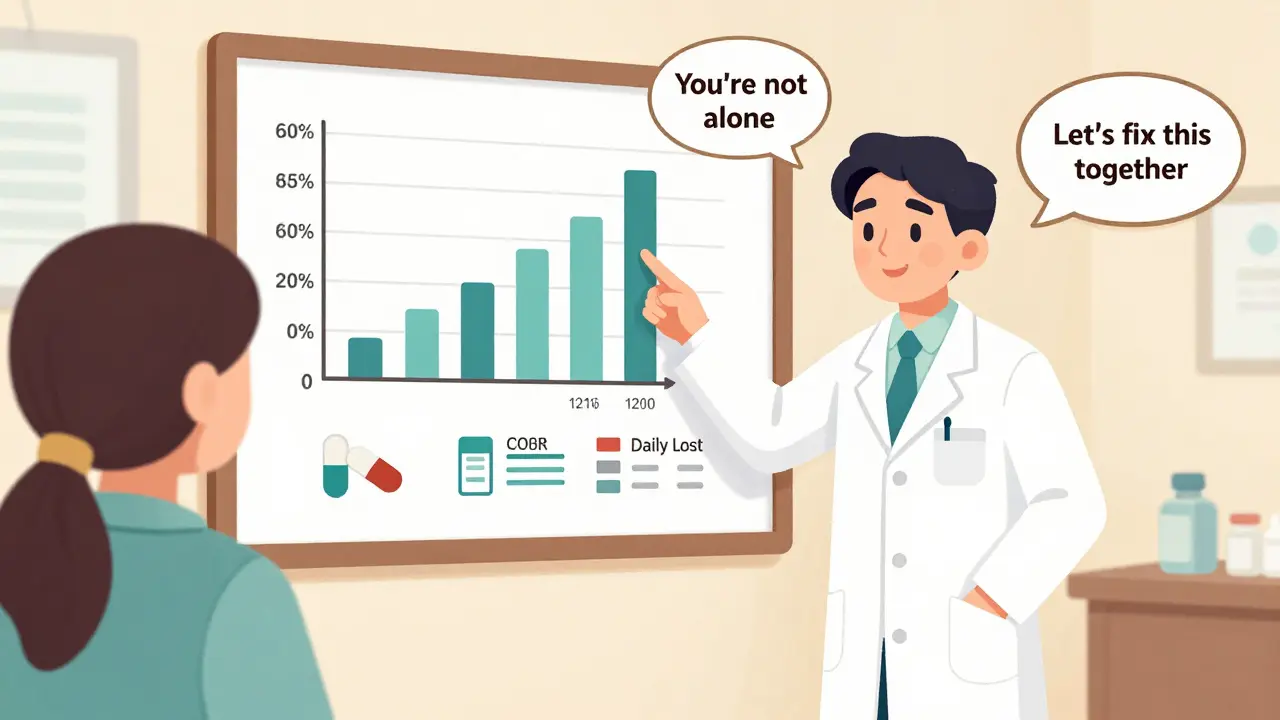 Pharmacist and patient reviewing an adherence chart with progress graph and support icons.