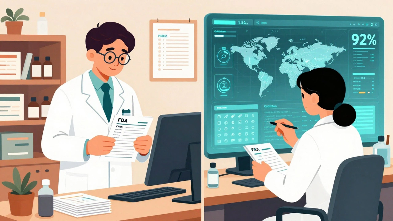 Pharmacist comparing manual paperwork to digital AI-driven pharmacovigilance in a split-panel technical illustration.