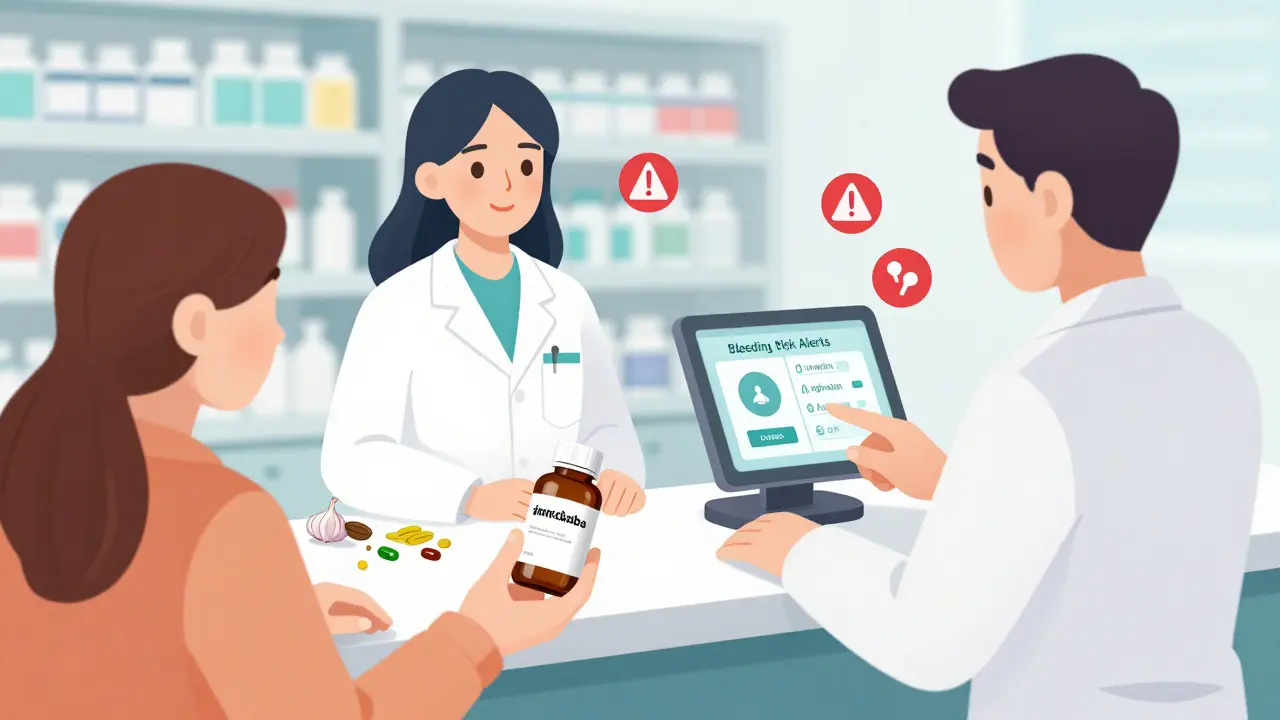 Pharmacist reviewing supplement interactions with warfarin and other blood thinners at a pharmacy counter.