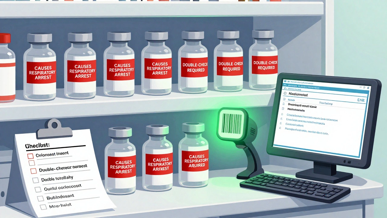 Pharmacy shelves with high-alert medication vials featuring prominent red warning labels and a compliant EHR screen showing approved dosing confirmation.