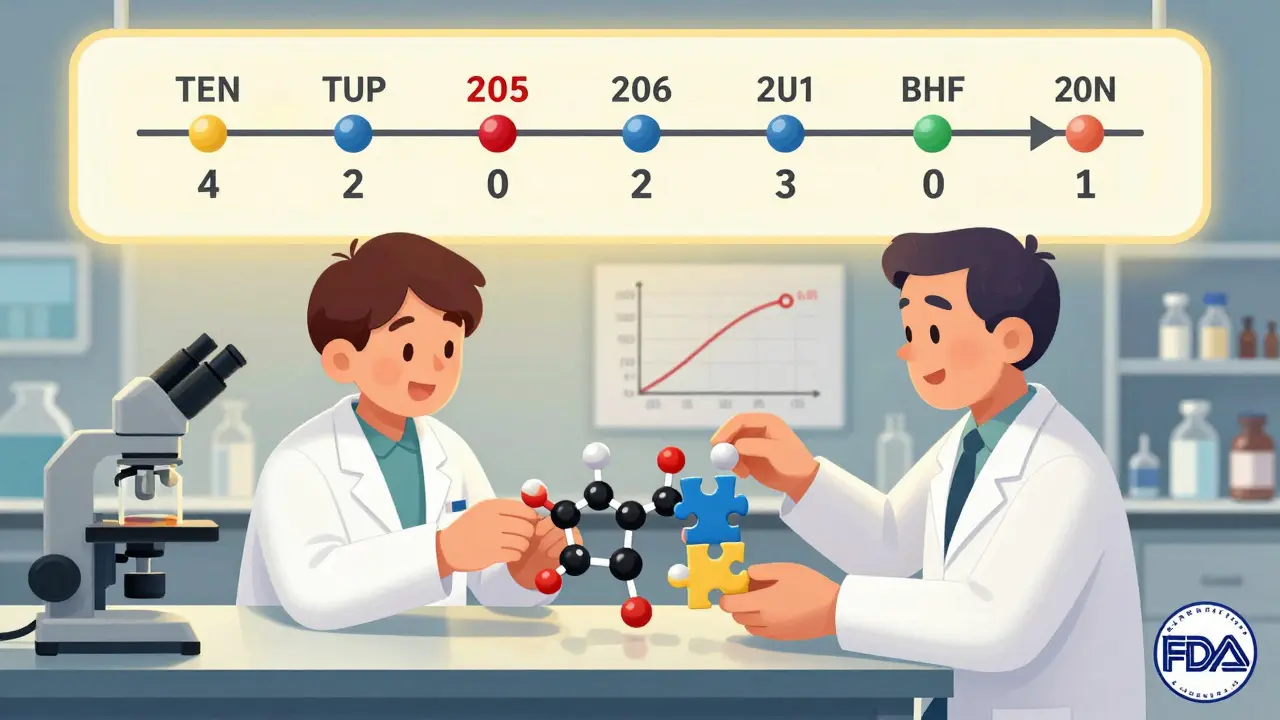 Scientists modifying a drug formula in a lab, replacing an irritating component with a safer coating.