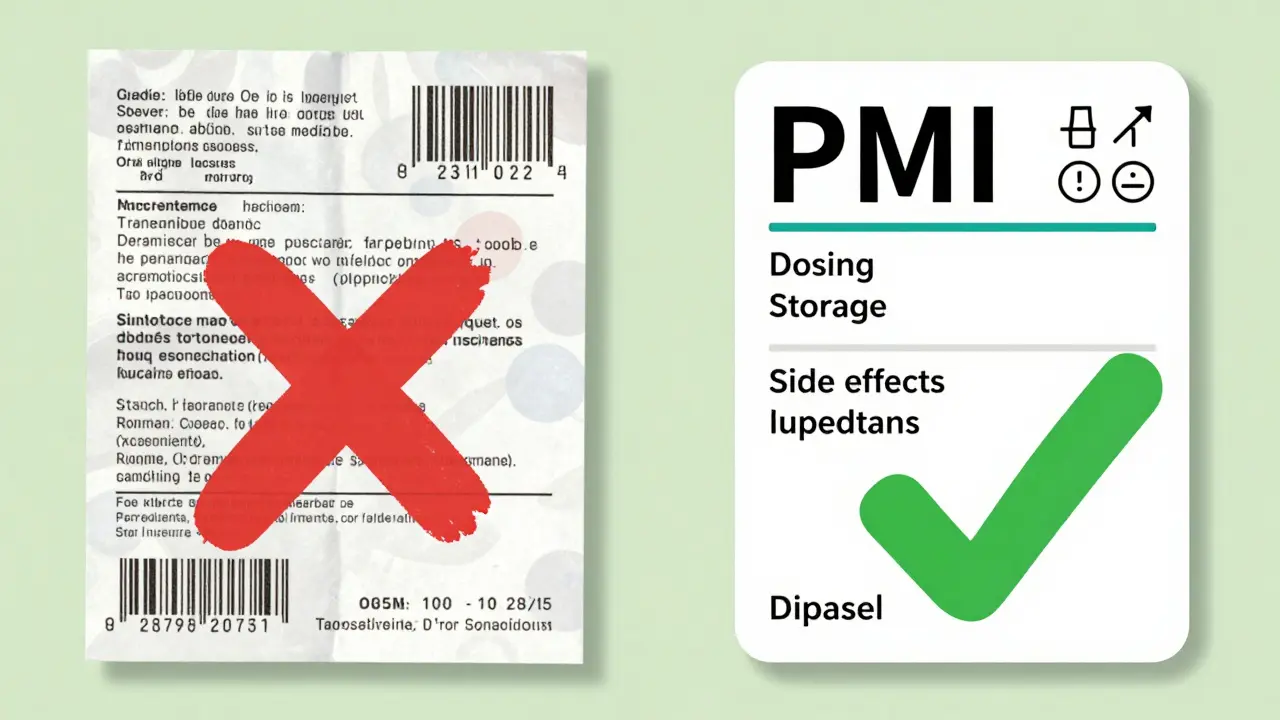 Side-by-side comparison: messy old label vs. clean new FDA-standardized medication info sheet.