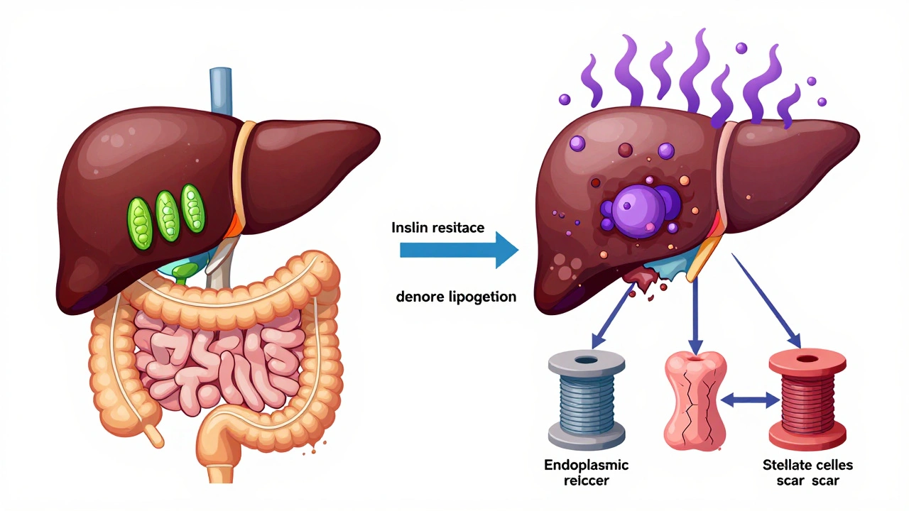 Side-by-side comparison of healthy and diseased liver with gut and metabolic factors