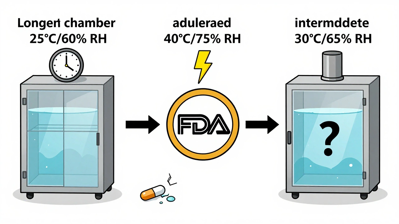 Side-by-side comparison of long-term, accelerated, and intermediate stability test conditions with signs of drug degradation.