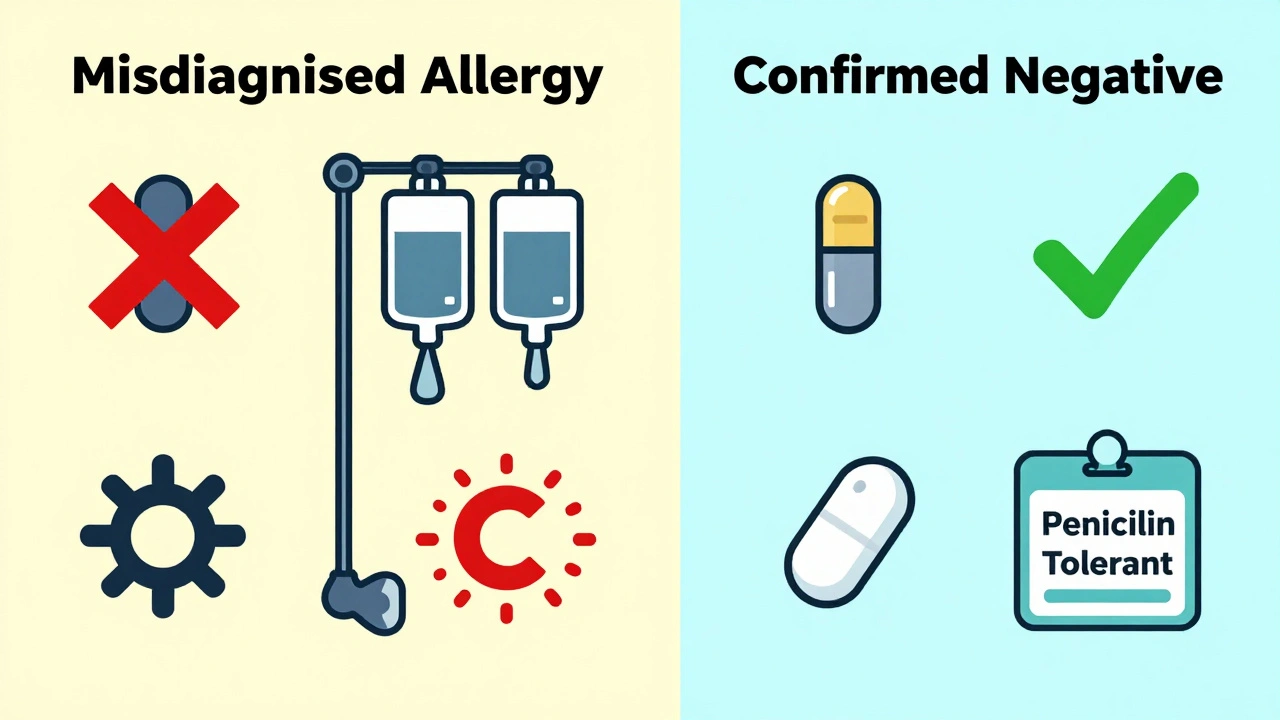 Side-by-side comparison of patient outcomes: misdiagnosed allergy vs. confirmed negative penicillin allergy.