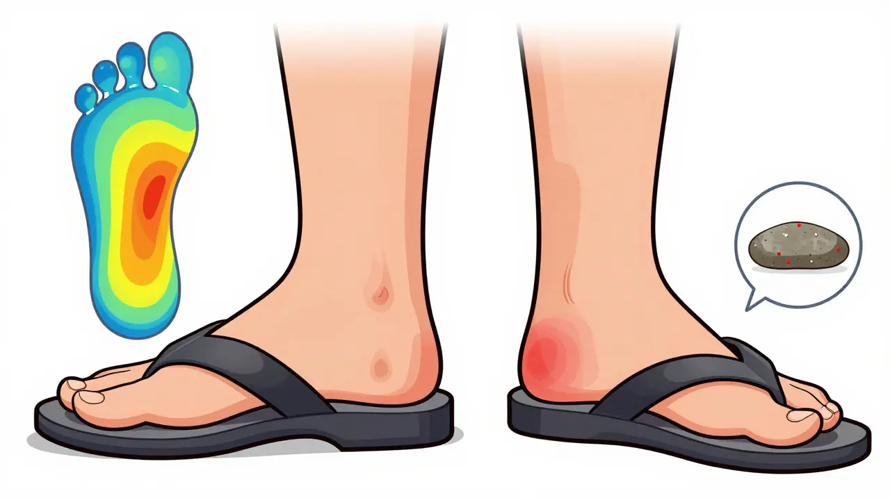 Side-by-side comparison of proper diabetic shoe vs. risky flip-flop, with pressure points highlighted.