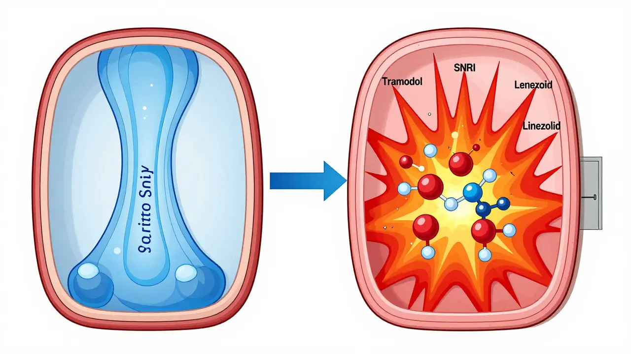 Side-by-side comparison of safe vs. dangerous SSRI drug combinations with molecular pathways.